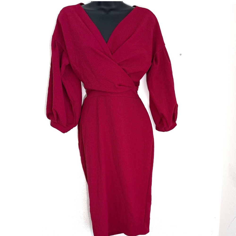 Boohoo Womens Wrap Midi Dress Berry Red Puff Sleeve V-Neck Size 10 NEW Romantic